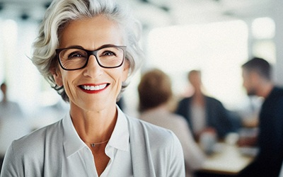 Businesswoman with dentures smiling